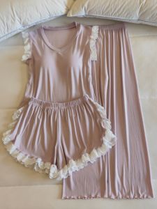 Mùa Hè Mỏng Modal Nữ Bộ Váy Ngủ Một Mảnh Có Miếng Lót Ngực Cộc Tay Không Tay Ren Cắt Tỉa Quần Áo Gia Đình 3 Mảnh Áo Ba Lỗ