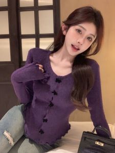 ทันสมัย กระดุม สลิมฟิต เสื้อสเวตเตอร์ ปมผีเสื้อ ดีไซน์ เรียบง่าย สีบริสุทธิ์ เสื้อท่อนบน เสื้อเบส เรียบหรู ฤดูใบไม้ร่วง Wear By Yanmanqing