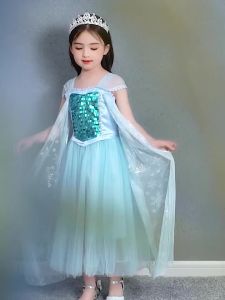Elsa Sequin Mesh Princess Dress Kids Snow Queen Cosplay Elegant Gown Girls Snowflake Print Holiday Performance Birthday Costume