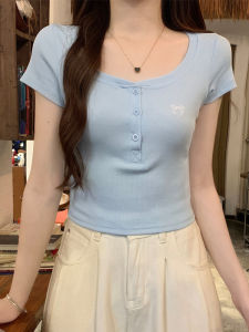 Áo Thun Nữ Cổ Vuông Thêu Nơ Bướm Mùa Hè Phong Cách Hàn Quốc Tay Ngắn Dáng Ôm Cotton Polyester Co Giãn Cổ Tròn