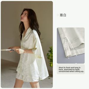 yuenei | Elegant Summer Ice Silk Womens Sleepwear Short Sleeve Home Clothes White High-End Sensation Wearable Outdoor Short Pants