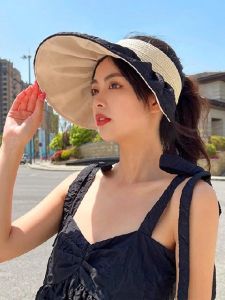 Topi Visor Wanita Ruimo Poliester Kapas Besar Musim Panas Anti UV - Hitam Putih