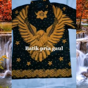 Batik Pria Baju Kemeja Setelan Sarung Batik Solo Full Furing Motif Garuda Hitam Kuning