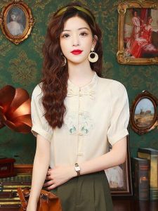 เสื้อเชิ้ตผ้าชีฟองคอตั้งแขนสั้นฤดูใบไม้ผลิและฤดูร้อนสำหรับผู้หญิง ดีไซน์จีนใหม่ กระดุม ทรงเข้ารูป เสื้อผ้าทำงาน