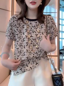 WANGGONGZHU | White Round Neck Short Sleeve T-Shirt Women Summer Thin New Fashionable Print Top Youthful Versatile Korean Style Commute Wind