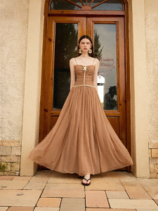 D-PLAY | Resort-Style Versatile Khaki Gathered Starfish Mesh Dress