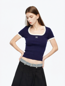 ANN ANDELMAN | Square Neck Embroidered Logo T-Shirt with Cinched Waist