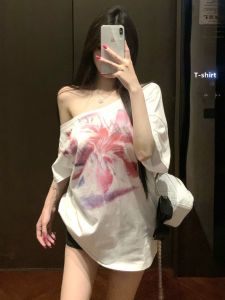 GUZILIAN | Loose White Printed Short Sleeve T-Shirt Womens Summer American Casual Design Lazy Versatile Top Korean Style Commute Fashion