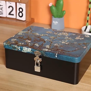 Steel Cash Box Safe With Key Lock New Retro Cosmetics Document Storage Tinplate Box Desktop Storage Box Household Large Capacity Jewelry Box