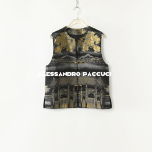 Silk Golden Woven Traditional Chinese Style Round Collar Vest