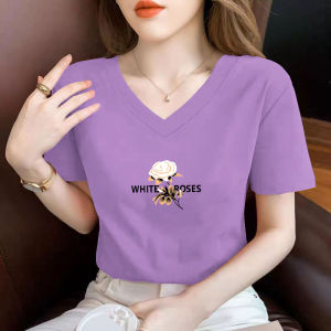 เสื้อยืดแขนสั้นผ้าฝ้ายแท้สีม่วงทรงเข้ารูปสำหรับผู้หญิงในช่วงฤดูร้อนปี 2023 เสื้อยืดแฟชั่นทรงสลิมฟิต ทรงหลวม แขนสั้น