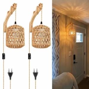 Rattan Wall Lamp with Plug in Cord Hand Woven Plug in Farmhouse Sconce Boho Paper Rope Wall Lighting for Bedroom Living Room