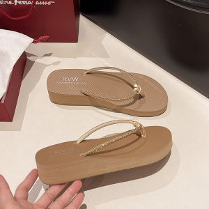 Beach Sandals Womens Summer Fashion Diamond Toe Thong Slippers Outdoor mid Heel Anti-Slip Coast Thick Bottom Slope Heel Clogs