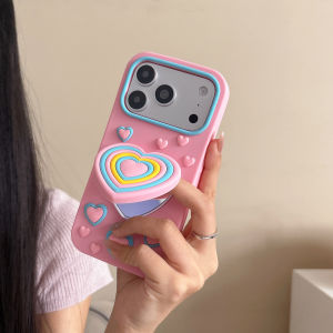 EOENKK | INS Y2K Heart Mirror Makeup Phone Case For iPhone 12 13 14 15 16 17 Pro Max Plus 16e 17e Silicone Love Heart Holder Back Cover