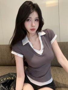 GUZILIAN | Slim Fit V-Neck T-Shirt Color Block Design Basic Style Short Sleeve Summer Top Korean Commute Style Versatile Casual Wear