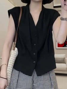 เสื้อเชิ้ตคอวีแขนกุดผ้าฝ้ายลินินบางระบายอากาศได้ดี สไตล์ฤดูร้อน เสื้อเชิ้ตผู้หญิงสีพื้นเรียบง่าย ดีไซน์เก๋ไก๋ สไตล์เกาหลี