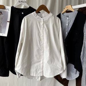 Loose Fit Pure Cotton Long Sleeve Shirt Stand Collar Black White New Chinese Style Womens Casual Fashion Breathable Comfortable