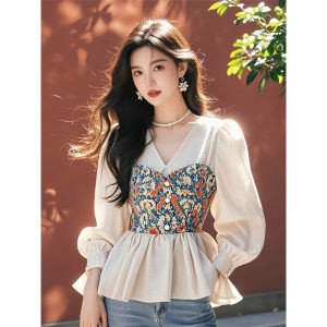 Elegant V-Neck Long Sleeve Shirt Womens Spring Fashion 2025 New Style Slim Fit French Style Printed Top Quality Ladies Blouse