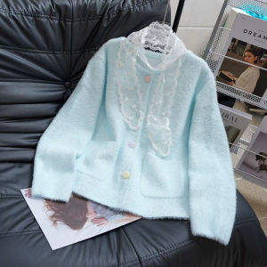 เสื้อสเวตเตอร์คอตั้งผ้าลูกไม้สไตล์หรูหราสำหรับผู้หญิง ฤดูใบไม้ร่วง 2025 เสื้อคาร์ดิแกนแขนยาวแบบสวมหัว ทรงหลวม ปกติ