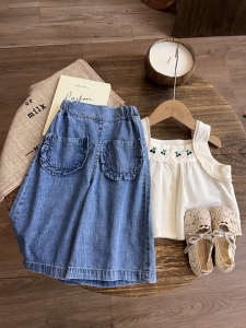 Sundaykids Girls Thin Strap Tank Top and Denim Pants Set For Kids Girl Treno 2-8years Outfit