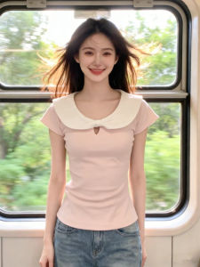 Sweet Korean Style Collar Pink Slim Fit Summer T-Shirt