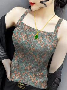 Silk Blend Summer Sleeveless Tank Top Womens Fashion Slim Fit Stripe Pattern Threaded Design Original Style Short Sleeve Vest