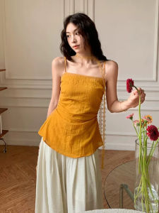 YUEZHONGWEI | French Style One Shoulder Orange Halter Vest Women Summer Outdoor Wear Slim Fit Sleeveless Top Commute Style Splice Design