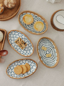 Japanese-style rattan fruit plate tea room ceramic dessert plate home living room afternoon tea snack plate refreshment snack plate