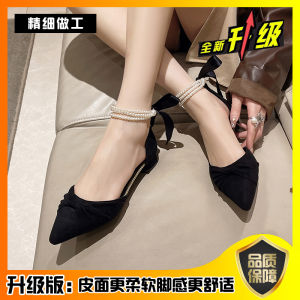 รองเท้าส้นสูงผู้หญิง สายรัดหัวเข็มขัดปมติดกระดูกมังกร ทรงหัวแหลม รองเท้าส้นกลาง สไตล์นางฟ้า ฤดูใบไม้ผลิและฤดูร้อน รองเท้าแฟชั่น