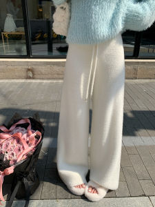 Chen DaYu Womens Knitted Mink Velvet Wide Leg Pants High Waist Loose Casual Autumn Winter Floor-Length Straight Cut Trousers