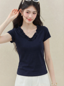 OUYANGXI | Áo Thun Tay Ngắn V-Neck Voan Hè