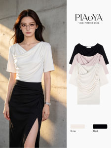 PIAOYA | Summer Short Sleeve Waist-cinching Ruffled Office T-shirt