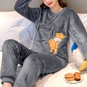 Thickened Warm Sleepwear for Winter Flannel Sleep Round Neck Student Loungewear Two-Piece Set Cartoon Bear Womens Pajamas Solid