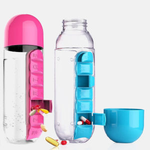 2 in 1 600ml 7 กริดกล่องยาถ้วยน้ํากีฬาขวดน้ําพลาสติกรวมทุกวันกล่องยา Organizer ดื่มขวด