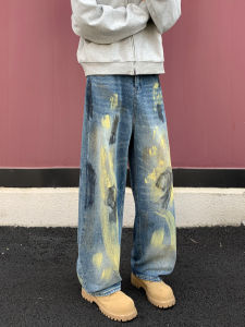 กางเกงยีนส์ทรงหลวมสำหรับผู้ชาย ทรงตรง กางเกงขายาว ทรงหลวม สไตล์อเมริกัน ทรงหลวม กางเกงยีนส์ ลายการ์ตูน ฤดูใบไม้ผลิและฤดูใบไม้ร่วง