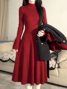 SUHUIQIAN | Red Knitted Slim Fit Dress for Autumn and Winter Long