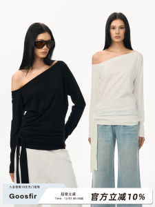 Elegant Asymmetric Long Sleeve T-Shirt Womens Original Design Double Color Casual Shoulder T-Shirt with Sash Folded Sensation