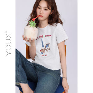 YOUXIANG | Áo Thun Tròn Cổ Thêu Nghỉ Dưỡng Biển