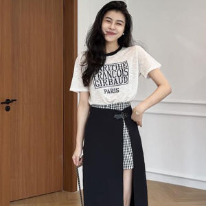 Shalldoer | Unique Summer Womens Printed Short Sleeve T-Shirt And Plaid Skirt Pants Set Non-Repeating Pattern Round Neck Two-Piece Suit
