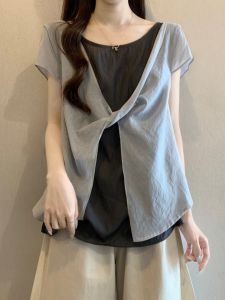 Slimming Youthful Mock Layered Summer Shirt Plus Size