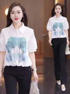 Leaf Print Loose Womens Shirt Bubble Sleeve Fashionable Summer New Style Slimming Casual Shirt Korean Style Polyester Fiber
