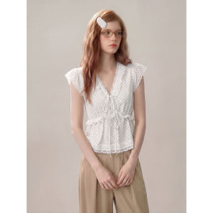 KBVVR | White Polka Dot V-Neck Lace Edge Short Sleeve Summer Design Slim Waist Shirt