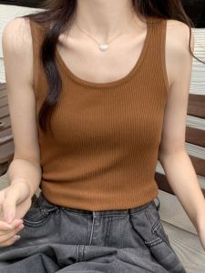 Womens Knitted Vest Top Bottoming Summer New Style Pure Desire Anti-Light Base Shirt Strap Threaded Pattern Commute Style Slim Fit