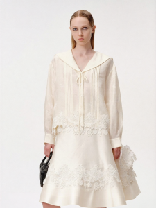 White Lace Floral Tuck Collar Shirt
