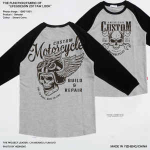 Retro American Ameika Japaneese Style Motorcycle Shoulder Insert Seven Sleeve Color Block Pure Cotton Mens Loose Trendy T-Shirt