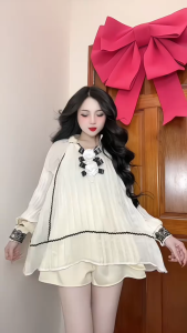 QC_Set đi tiệc áo kiểu Tơ Ánh Kim Quảng Châu đính nơ hoa ngực phối quần Tapta – set đồ dạo phố dự tiệc nhẹ nhàng