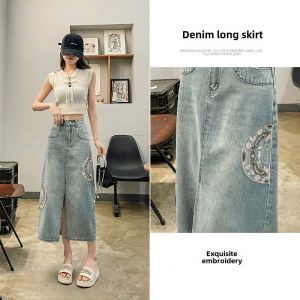 New Chinese Style Embroidered Denim Midi Skirt Women Summer Mid-Length High Waist Slimming Front Slit Long Skirt