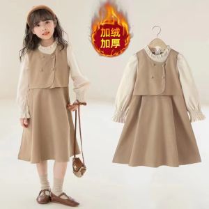 Girls Dress Korean Style Casual Spring Autumn Middle High Waist A-Line Skirt Long Sleeve Thickened Leather Three-acetate Fiber