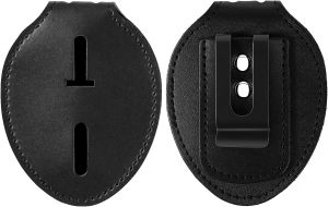 US Police Badge Holder Cowhide Law Enforcement Badge Holder with Metal Belt Clip & Stainless Steel Bead Chain Hook and Loop Sheriff ID Carrier Black