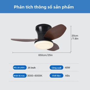 Quạt Trần LED 25 Inch Tích Hợp Đèn Và Điều Khiển Từ Xa 3 Cánh Dùng Trong Nhà Phòng Ngủ Phòng Khách Phòng Ăn Nhà Bếp - Tiết Kiệm Năng Lượng